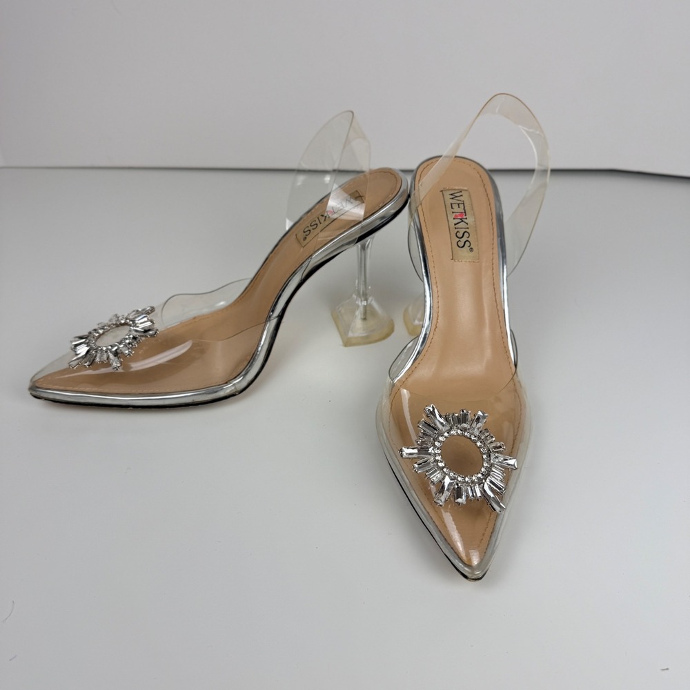 Wetkiss Clear PVC Rhinestone Brooch Slingback Heels Silver‎ US 8.5 EU 38.5